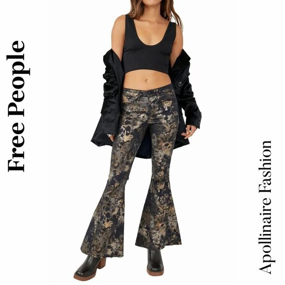 Free People Denim - Free People Inferno Flare Black and Gold Patterned Stretch Pants Size 30